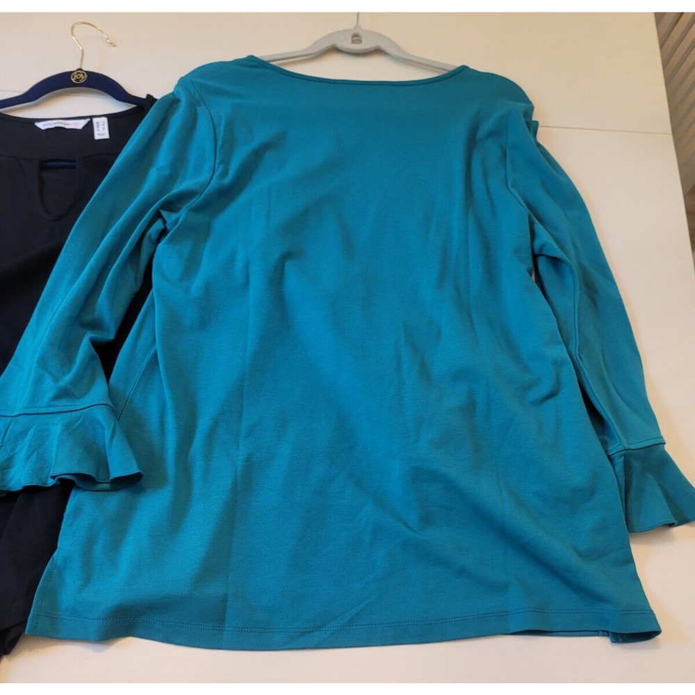 Isaac Mizrahi Live! Key Hole Flutter Long Sleeve‎ BLACK Teal Top T Shirt Size L - Picture 5 of 5